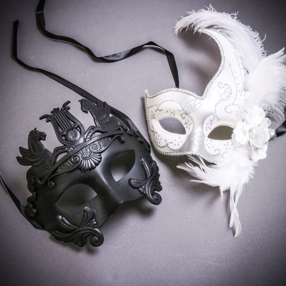 Black Pegasus Horses Venetian White Silver Feather Couple Masquerade Ball Masks - Picture 1 of 1